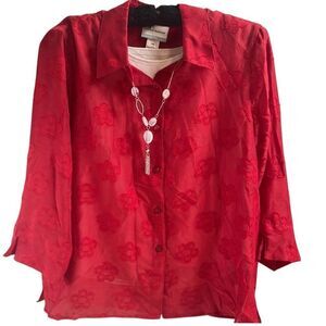 Alfred Dunner Red Floral Two Piece Blouse Necklace Set Chic Romantic Core Sz PL